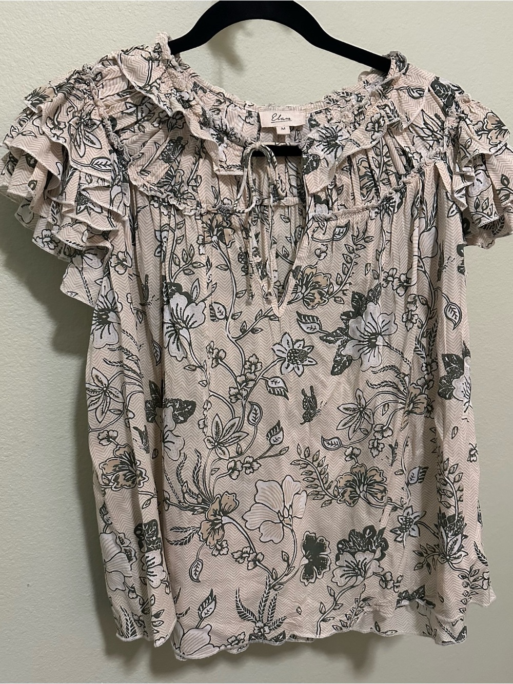 Elan Beige and Green Floral Ruffled Peasant Blouse
